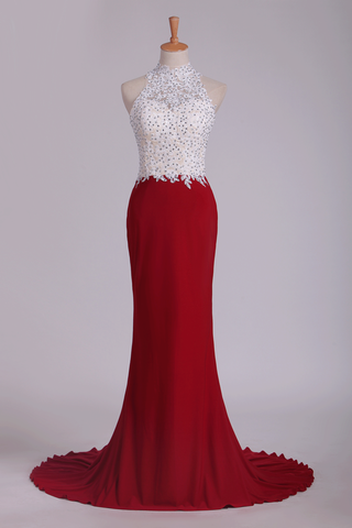 High Neck Sheath Spandex Prom Dresses With Applique And Beads Open Back