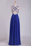 A Line Prom Dresses Spaghetti Straps Chiffon With Ruffles And Beads Open Back