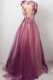 Elegant A line Burgundy Tulle Flower Prom Dresses Scoop Appliqued Party Dresses SJS15144