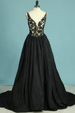 Court Train V Neck Taffeta With Beading A Line Prom Dresses