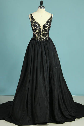 Court Train V Neck Taffeta With Beading A Line Prom Dresses