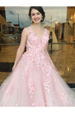 Elegant Ball Gown Prom Dresses With Appliques V Neck Floor Length