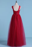 Straps Tulle Pleated Bodice Bridesmaid Dresses A-Line