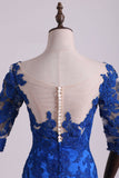 Hot Bateau Dark Royal Blue Mother Of The Bride Dresses 3/4 Length Sleeve With Applique Satin