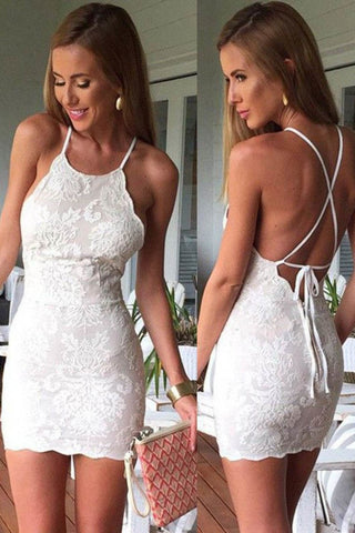 Cocktail Dresses Sheath Spaghetti Straps Lace Open Back Short/Mini