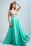 V Neck Prom Dresses A Line Beaded Bodice Sweep Train Chiffon & Tulle