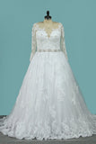 Plus Size Wedding Dresses Long Sleeves Bateau A Line Tulle With Applique