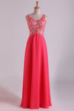 Open Back V Neck Prom Dresses Beaded Bodice Chiffon Floor Length