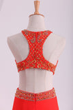 Prom Dresses Scoop A Line Orange Red Chiffon With Beading Sweep Train