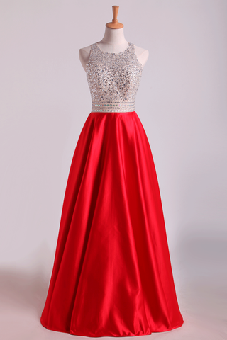 Scoop Open Back Beaded Bodice A Line Prom Dresses Satin & Tulle