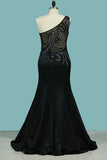 One Shoulder Prom Dresses Satin With Beading Mermaid Floor Length