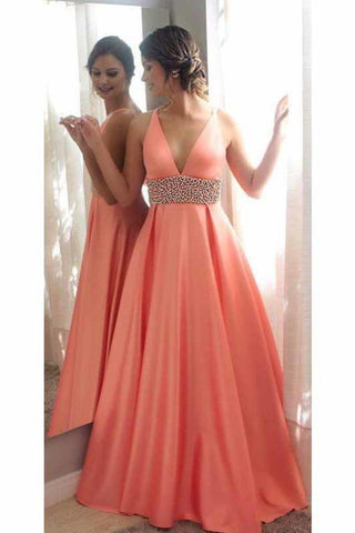 New Arrival V Neck Beaded Waistband A Line Satin Prom Dresses