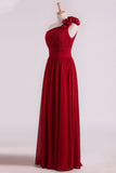 One Shoulder Bridesmaid Dresses Chiffon With Handmade Flower Burgundy/Maroon