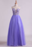 Sweetheart A Line Tulle Prom Dresses With Applique And Beads