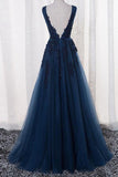 New Arrival V Neck Tulle With Applique And Sash A Line Prom Dresses