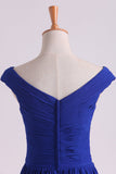 Off The Shoulder Evening Dresses A Line Ruched Bodice Chiffon Floor Length Dark Royal Blue