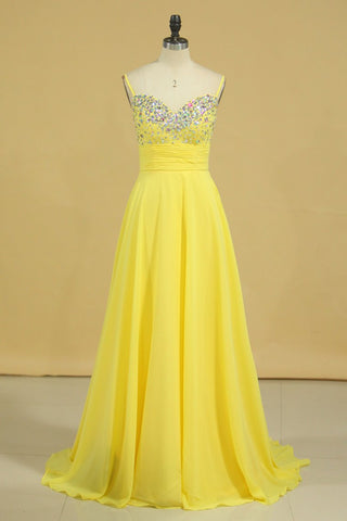 Prom Dress Spaghetti Straps Rhinestone Beaded Bodice Runched Waistband With Flowing Chiffon Skirt