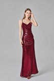 Spaghetti Straps Burgundy Prom Dresses Mermaid Sequins Party Dresses, Dance Dresses SJS15412