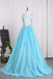 A Line Prom Dresses Tulle Bateau With Applique And Handmade Flower Sweep Train