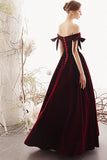 Charming A Line Long Off the Shoulder Burgundy V Neck Prom Dresses with Sweetheart SJS15089