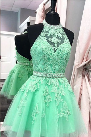 A Line Homecoming Dresses Halter Beaded Bodice Short/Mini Tulle Zipper Up