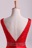 Hot Red Satin Prom Dresses Straps Floor Length Beaded Bodice A Line