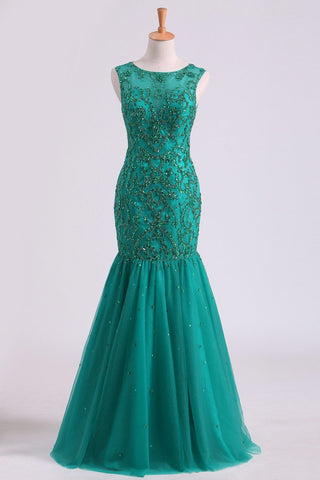 Scoop Beaded Bodice Prom Dresses Mermaid Tulle Floor Length