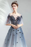 A Line Half Sleeves Tulle Long Ombre Prom Dress with Appliques Blue Evening Dresses SJS15001