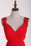 Red Straps Homecoming Dresses A-Line Chiffon With Applique & Ruffles