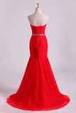 Red Mermaid Sweetheart Floor Length Prom Dresses With Ruffles And Beading Tulle