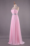 Bateau Princess Sweep Train Prom Dresses Tulle And Chiffon Beaded