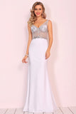 Spandex V Neck Beaded Bodice Mermaid Sweep Train Prom Dresses See-Through