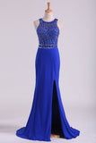 Open Back Prom Dresses Scoop Spandex With Beading And Slit Sweep Train