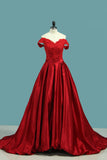 Prom Dresses A Line Off The Shoulder Satin With Applique