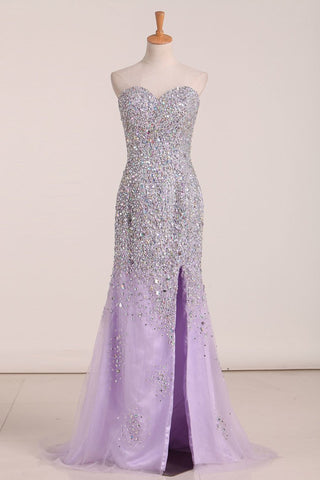 Sweetheart Beaded Bodice With High Slit Tulle Prom Dress