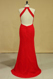 Red Plus Size Scoop Prom Dresses Floor Length Spandex With Beading And Ruffles