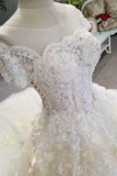 Luxurious Wedding Dresses Tulle Lace Up With Beads Sequins Appliques Short Sleeves