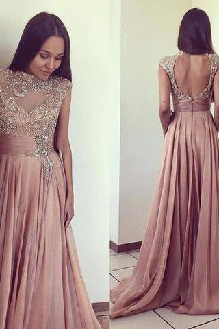 Scoop Beads Long Cheap Open Back Chiffon Pink A-Line Sleeveless Prom Dresses JS777