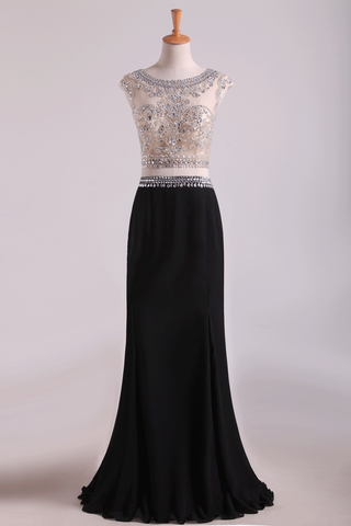 Two-Piece Scoop Column Prom Dresses Beaded Bodice Chiffon