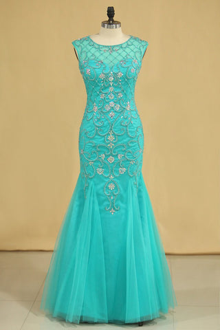 Plus Size Scoop Mermaid Prom Dresses Beaded Bodice Tulle Floor Length