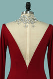 High Neck Mother Of The Bride Dresses Long Sleeves Spandex With Beading