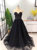 Elegant A Line Sweetheart Strapless Black Tulle Prom Dresses with Beading SJS15578