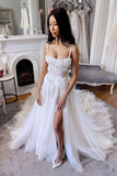 Fairy A Line Scoop Neck Tulle Long Wedding Dresses with Lace