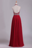 Halter Beaded Bodice A Line Prom Dresses Chiffon With Slit