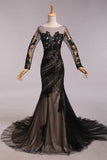 Elegant Evening Dresses Mermaid Black Scoop Tulle With Applique Chic Mother Of Bridal Dresses