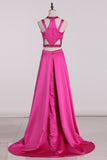 Asymmetrical Two-Piece Scoop Prom Dresses A Line Satin With Beading