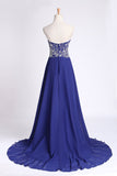 Dark Royal Blue Prom Dress Sweetheart Beaded Bodice A Line Chiffon