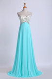 One Shoulder Prom Dresses A Line With Beading Tulle And Chiffon Sweep Train