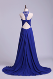 Unique Dark Royal Blue Prom Dress Scoop A Line Chiffon With Beads&Ruffles