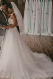 Simple Strapless Tulle Lace Wedding Dress Beach Bridal Gown With Slit